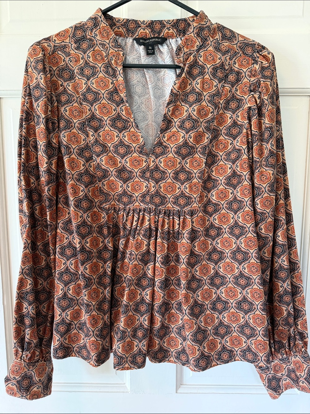 Banana Republic Orange and Navy Geo-Print Peasant Blouse